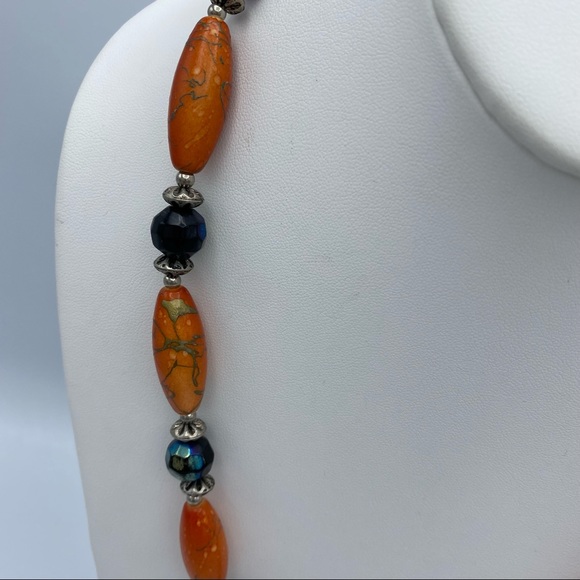 Artisan Handcrafted Orange Silver Tone & Peacock Aurora Borealis Beaded Necklace - Picture 6 of 10
